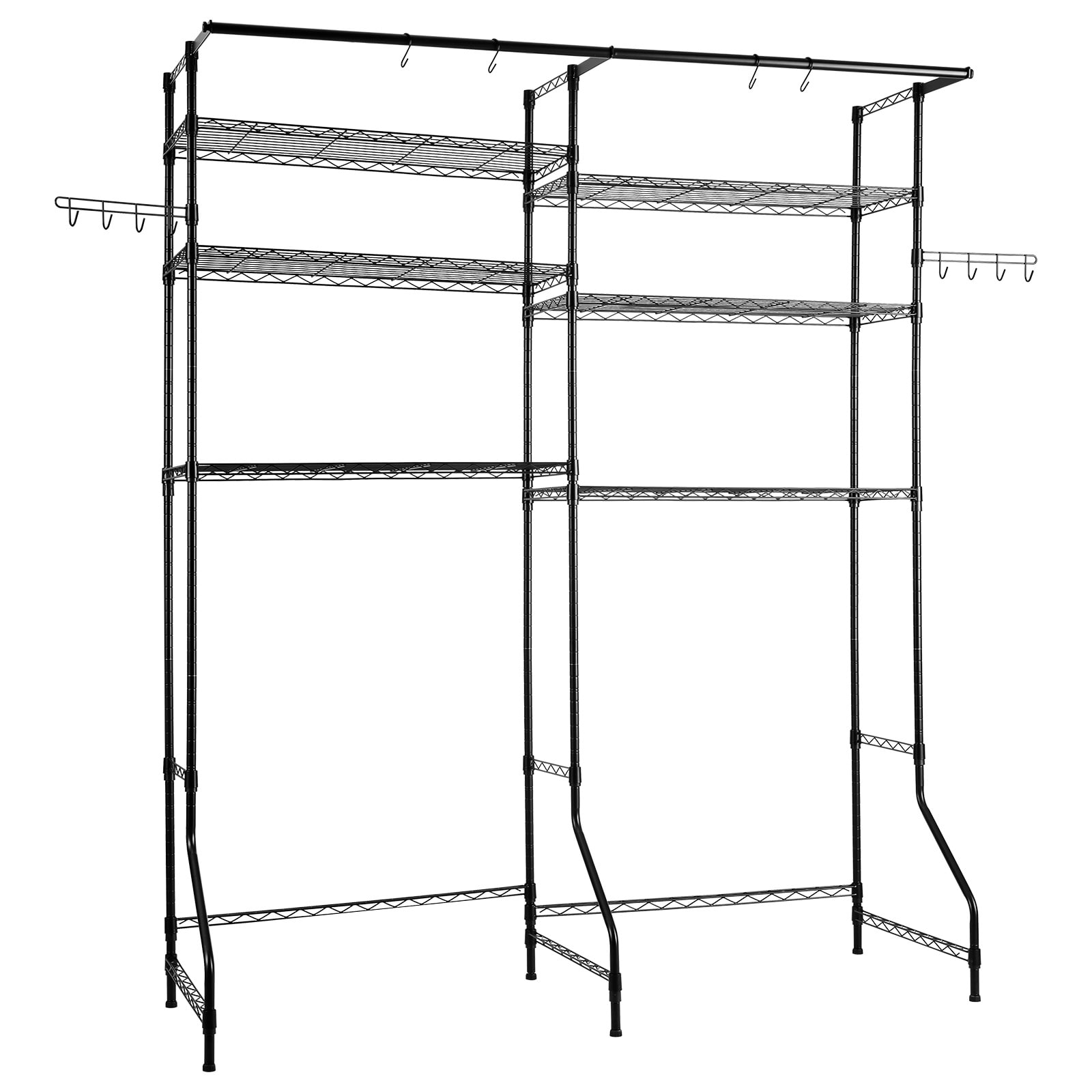 6 Tier Laundry Room Storage Shelf With Hanger Rod And Hooks Black_voghion.com